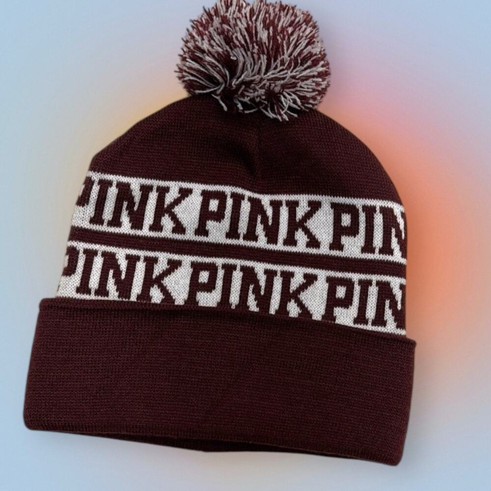 PINK Victoria's Secret Maroon and White Pom Pom Winter Hat